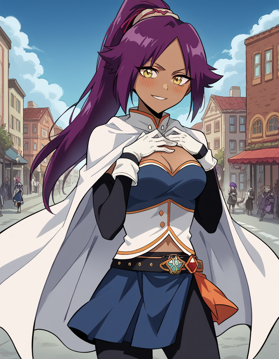 score_9, score_8_up, score_7_up, source_anime, <lora:yoruichi-shihouin-ponyxl-lora-nochekaiser:1> yoruichi shihouin, long hair, yellow eyes, ponytail, purple hair, dark skin, dark-skinned female, medium breasts, <lora:miki-sayaka-cosplay-ponyxl-lora-nochekaiser:1>, miki sayaka cosplay, miki sayaka (cosplay), belt, black sleeves, blue skirt, cape, cosplay, dress, gloves, gem, skirt, sleeveless, sleeveless dress, white cape, white gloves,, streets, outdoors, smile, blush, hands on own chest, cowboy shot, looking at viewer,