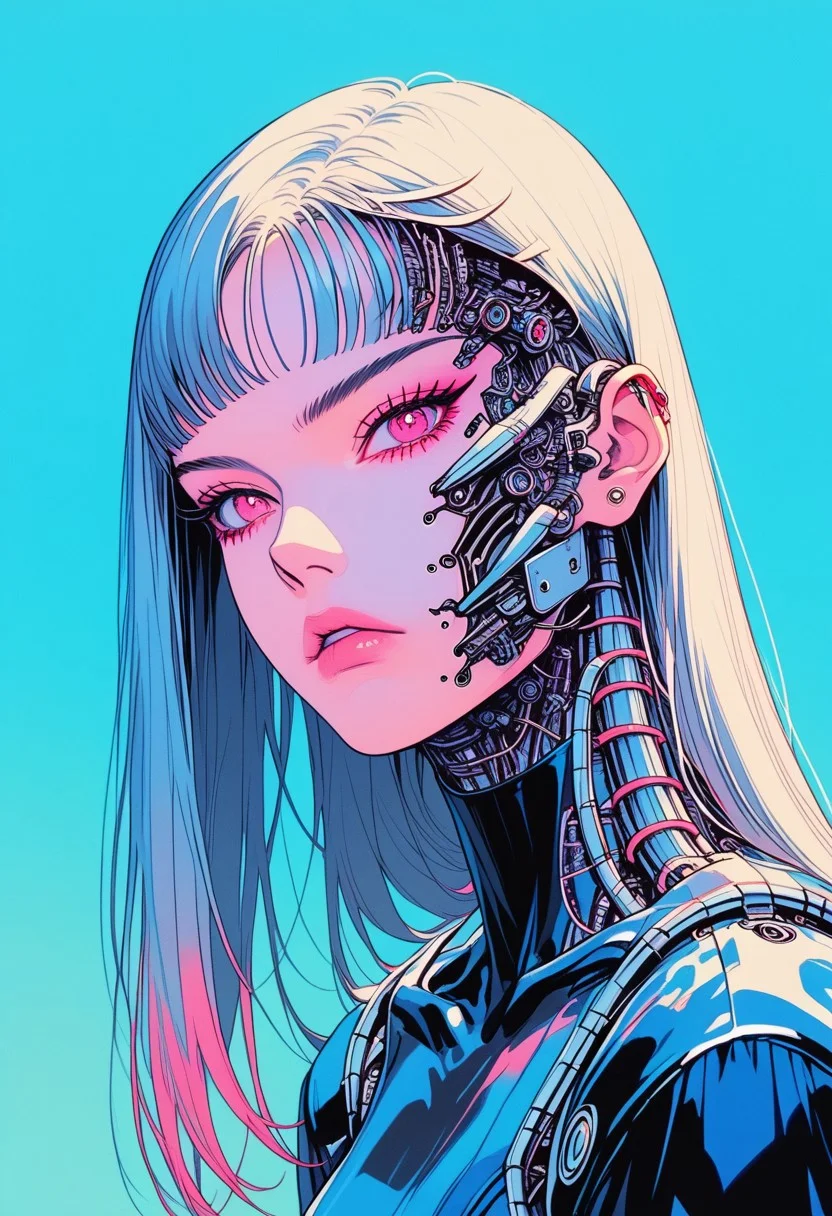 score_9, score_8_up, score_7_up,source_anime,1girl,solo,light blue hair,long hair,parted bangs,pink eyes,perfecteyes,perfecteyes, sinozick style, flat color, dark theme, Chromecore,,, simple background, dark and blue background, vibrant colors, colorful, metal skin, expressionless, serious, chromecore, bright, dark vibes, dark fantas, armor, monochrome, colored skin, gradient,cyborg girl,humanoid girl,mechanical hands,robot girl,mechanical joints,(blue and pink:1.3),gold plates,power chord,looking at viewer,full body,sinozick style,flat color,simple background,colorful,<lora:add-detail-xl:1>, <lora:perfect-eyes:1>,<lora:Sinozick_Style_XL_Pony:0.71>sinozick style