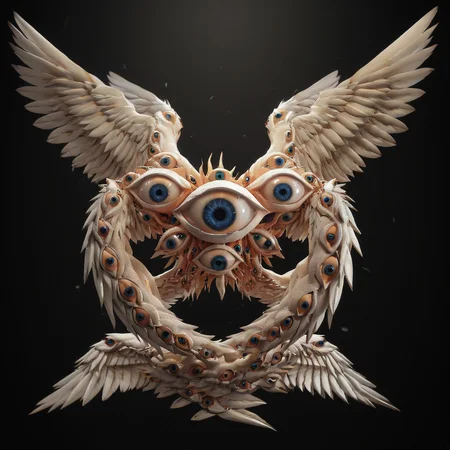 biblicalangellora, many eyes, wings, dark background