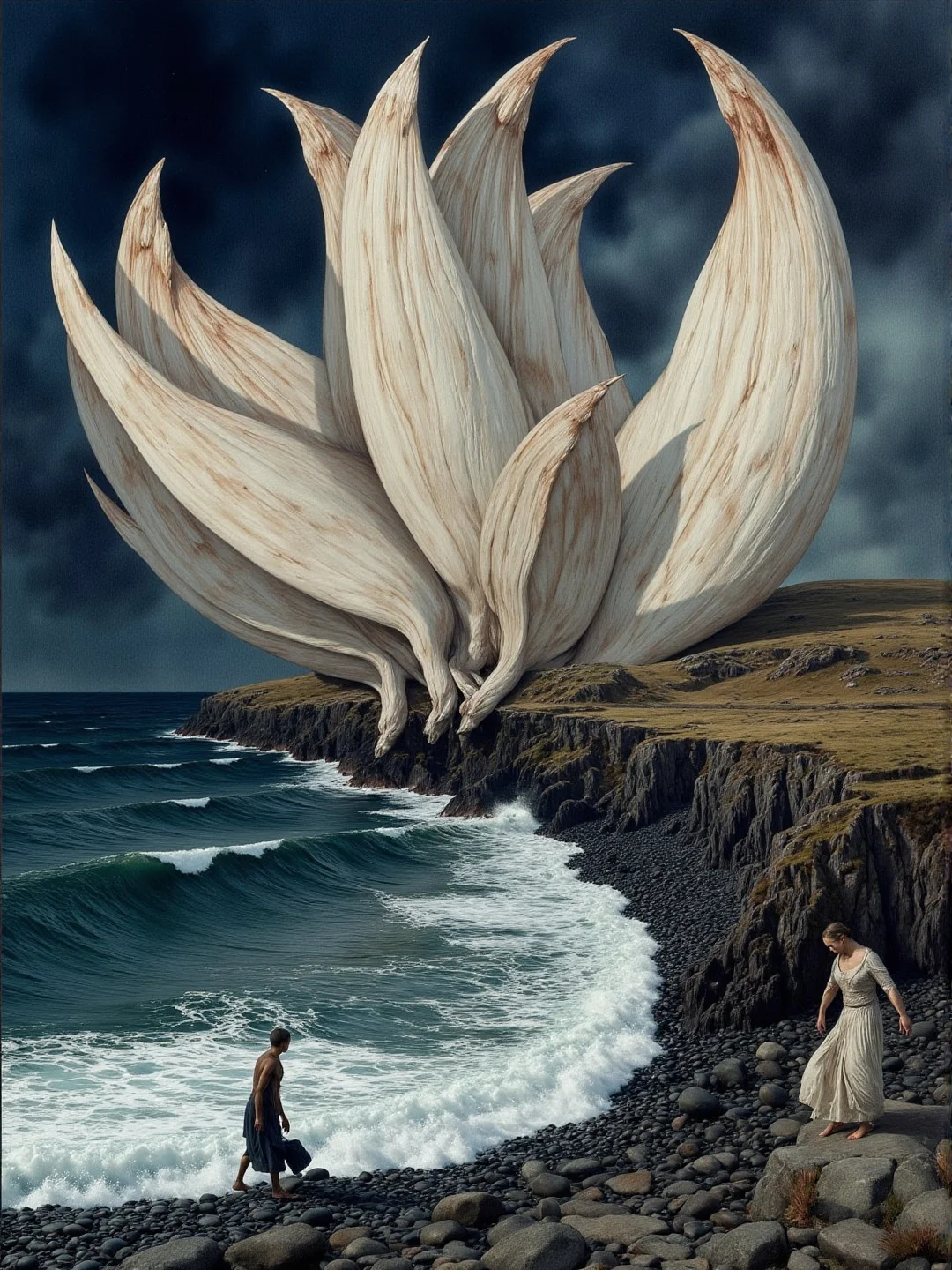 <lora:Florate Flux_v2_epoch_3:0.9> An Icelandic stretched Surrealism photograph of navy blue and blue gray and amaranth scene with many pale lobes of differing sizes. breezy ocean. demon. People, animals and characters are elongated.