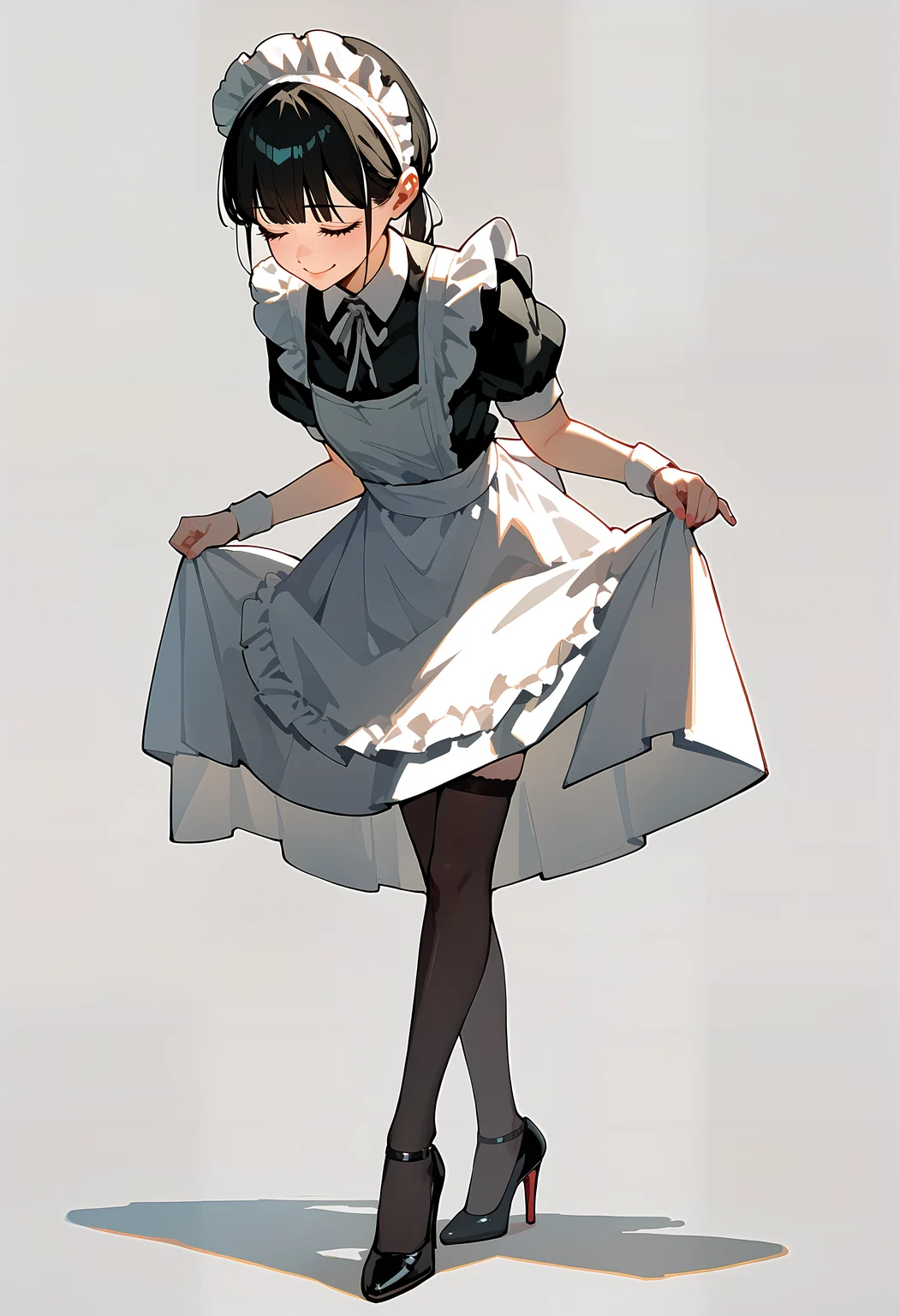 (score_9, score_8_up, score_7_up), 1girl, maid, maid headdress, maid apron, thighhighs, high heels, curtsey, standing, smile, closed eyes, leaning forward, simple background, <lora:curtsey-gesturePO-v1-000012:0.9>,