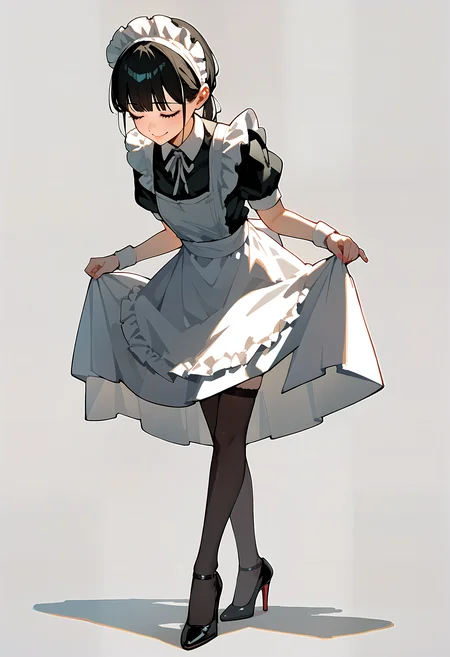 (score_9, score_8_up, score_7_up), 1girl, maid, maid headdress, maid apron, thighhighs, high heels, curtsey, standing, smile, closed eyes, leaning forward, simple background, <lora:curtsey-gesturePO-v1-000012:0.9>,