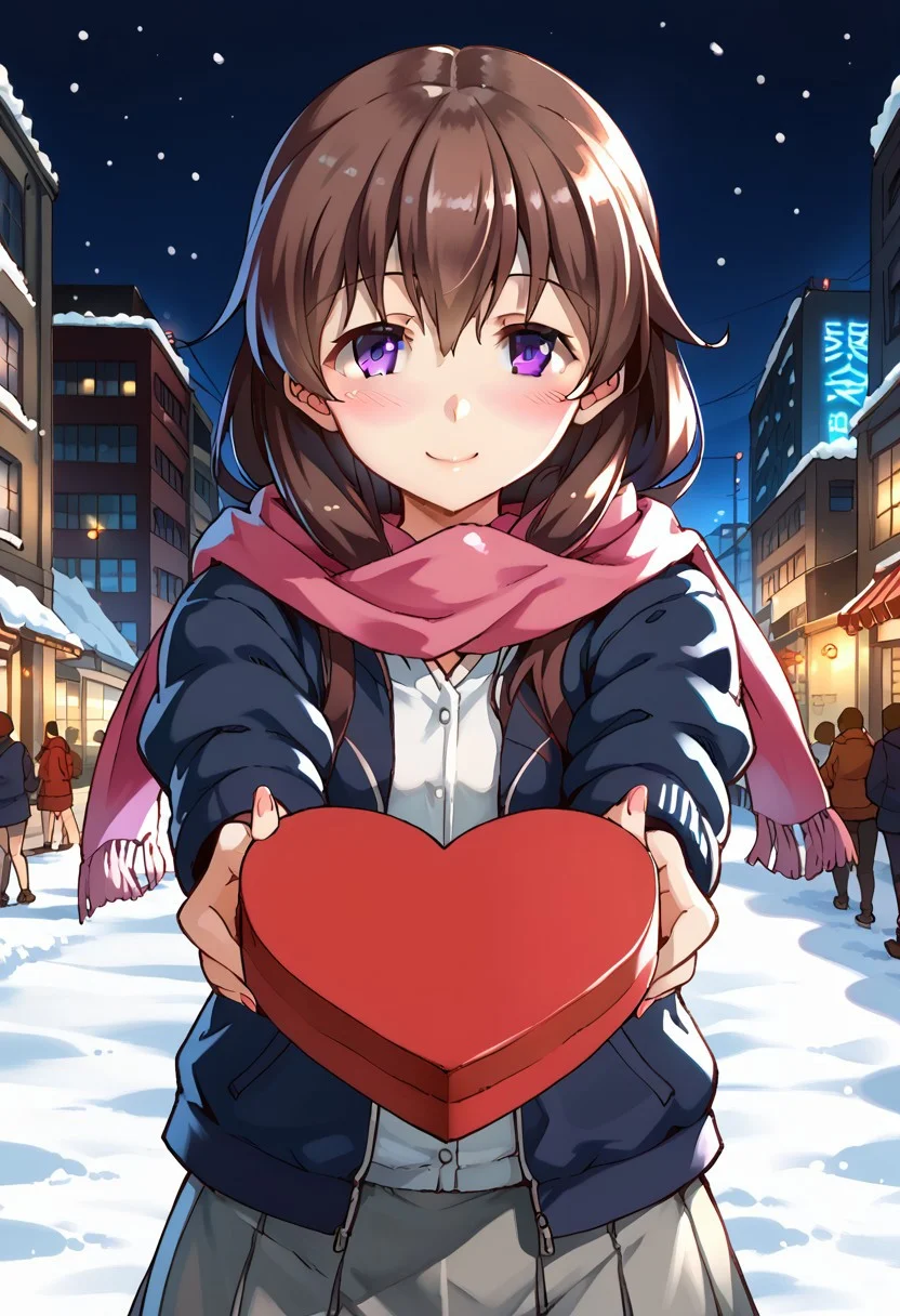 zPDXL3, score_9_up, score_8_up, score_7_up, (Anime_source), 1girl, solo, kisaragi, long hair, brown hair, brown eyes, purple eyes, kisaragi (kancolle), dark blue jacket, hood, open jacket, pink scarf, white shirt, grey skirt, looking at viewer, light smile, <lora:heart-shaped-box-ponyxl-lora-nochekaiser:1>, heart-shaped box, holding, box, gift, valentine, incoming gift, light blush, outstretched arms, cold weather, snow, highly detailed city, city lights, city streets, buildings, cityscape, highly detailed background, cinematic, dutch angle, perfecteyes, traditional media, <lora:add-detail-xl:0.4>, perfect hands, warm exterior lighting, subtle shadows, soft, cinematic, compelling composition, storytelling elements, conveys emotion, mood, and narrative depth, hdr, 8k wallpaper, ultra high quality, (extremely detailed cg), perfect lighting, (sharp image)