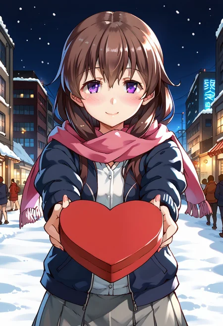 zPDXL3, score_9_up, score_8_up, score_7_up, (Anime_source), 1girl, solo, kisaragi, long hair, brown hair, brown eyes, purple eyes, kisaragi (kancolle), dark blue jacket, hood, open jacket, pink scarf, white shirt, grey skirt, looking at viewer, light smile, <lora:heart-shaped-box-ponyxl-lora-nochekaiser:1>, heart-shaped box, holding, box, gift, valentine, incoming gift, light blush, outstretched arms, cold weather, snow, highly detailed city, city lights, city streets, buildings, cityscape, highly detailed background, cinematic, dutch angle, perfecteyes, traditional media, <lora:add-detail-xl:0.4>, perfect hands, warm exterior lighting, subtle shadows, soft, cinematic, compelling composition, storytelling elements, conveys emotion, mood, and narrative depth, hdr, 8k wallpaper, ultra high quality, (extremely detailed cg), perfect lighting, (sharp image)