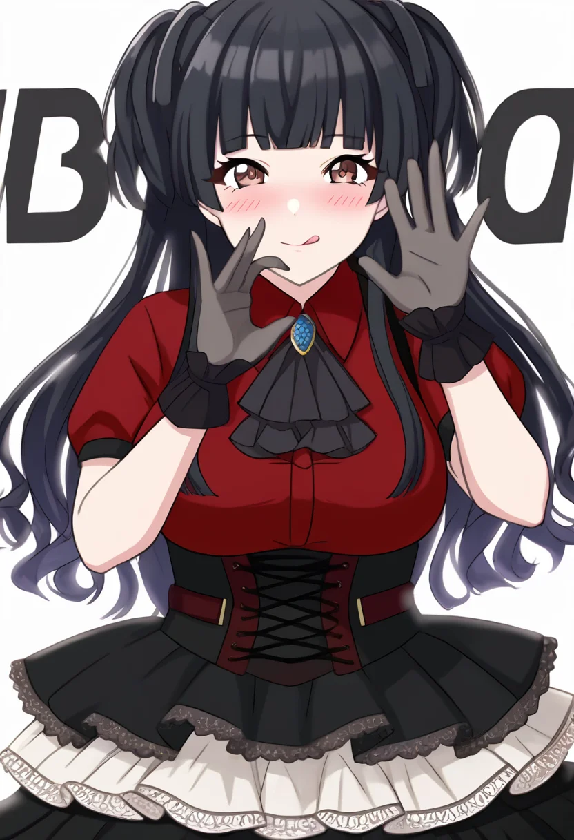 source_anime, masterpiece,best quality, highly detailed,cinematic,anime screencap,
<lora:MayuzumiFuyuko_pony_v1:0.8>,myzmfyk, long hair, black hair, two side up, blunt bangs, brown eyes,
1 girl,nsfw,white complexion,blushing,uncensored,
solo, :q, licking_lips,closed_mouth,
<lora:saki_blac_cors24:0.8>,dress,black dress,layered dress,skirt,black skirt
layered skirt,frilled skirt,shirt,red shirt,collared shirt,corset,
black gloves,black ascot,
jewelry,brooch,short sleeves,puffy short sleeves,
black pantyhose,frills,
huge_breasts,(two breast),no pubic hair,
standing,fellatio gesture,
looking at viewer,white background,