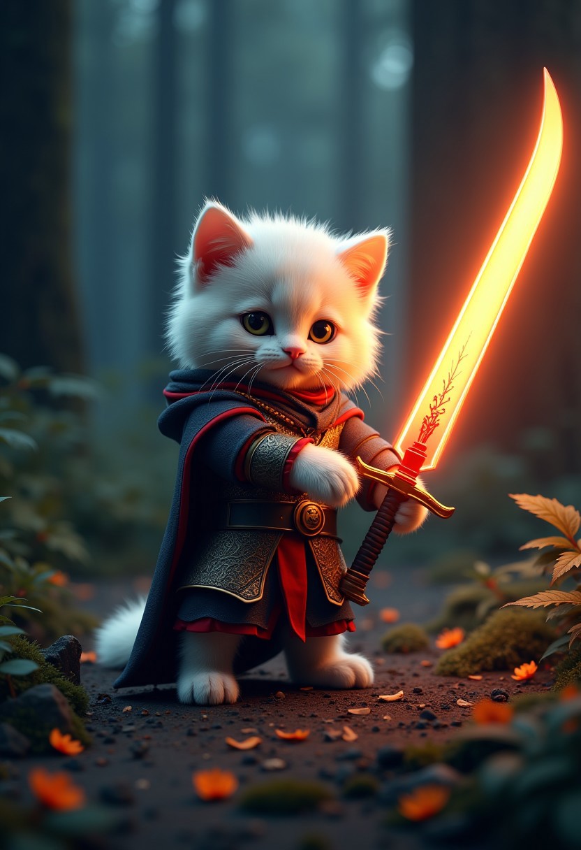 photorealistic,. a realistic human-like fluffy kitten holding a legendary sword. the sword is bright and colorful, emits powerful aura ,surrounded dark forest. very detailed, amazing quality, intricate, cinematic light, highly detail, beautiful, cinematic lighting, A dog as his horse ,rare plants, 3d cg, 8k,wearing a fantasy hero attire, in dynamic sword pose