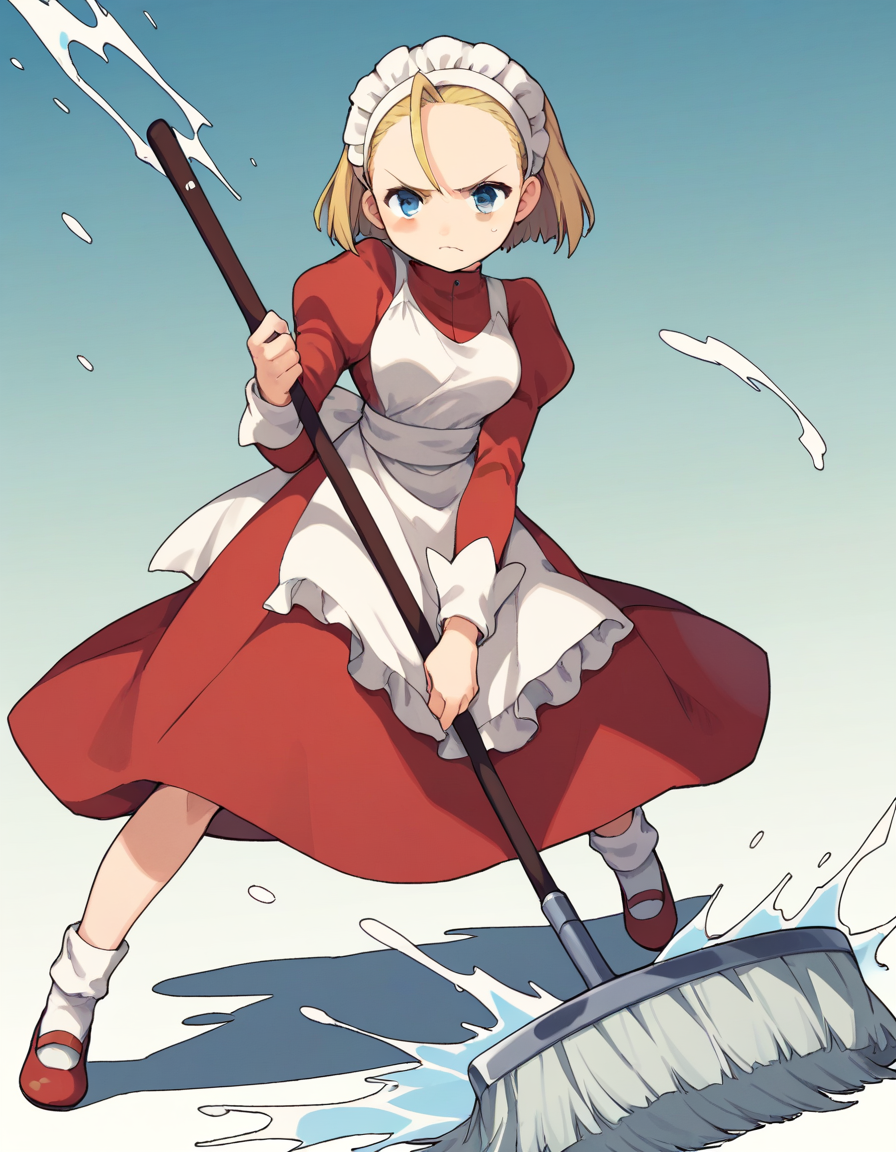 <lora:Pkikimora_SDXL_pony_fp16_v02:1>,Pkikimora, 1girl, blue eyes, blonde hair, maid headdress, apron,red dress,socks,red shoes, medium breasts,  long sleeves, broom,splashing,disgust,cheek-to-cheek, score_9, score_8_up, score_7_up, BREAK source_anime, rating_questionable, best quality, masterpiece, uncensored,[pony diffusion V6 is trained by PurpleSmartAI:100]