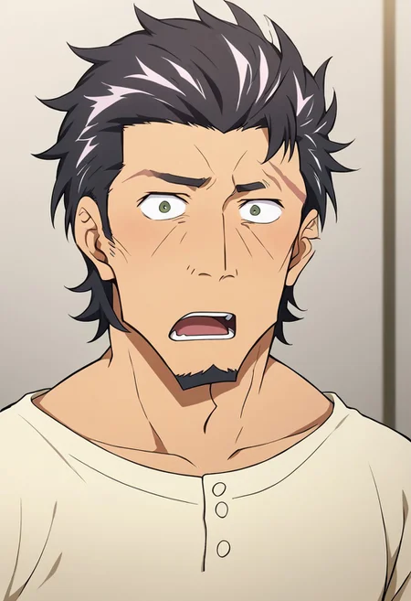 score_9, score_8_up, score_7_up, score_6_up, perfect anatomy, perfect proportions, best quality, masterpiece, high_resolution, high quality, solo male, Kaburagi, black hair, grey hair streak, multicolored hair, hair slicked back, facial hair, goatee, green eyes, sanpaku, constricted pupils, eyebrow slit, scar, white shirt, wide necked shirt, short-sleeved shirt, sleeves tucked up and buttoned, adult, mature, masculine, manly, handsome, charming, alluring, full face blush, surprised, wide-eyed, sanpaku, constricted pupils, open mouth, portrait, headshot, look at viewer