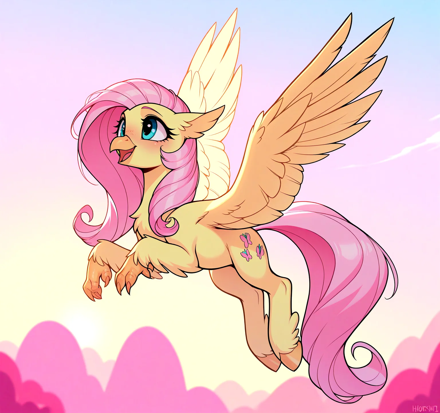 masterpiece, best quality, very aesthetic <lora:MLP-Hippogriff_Illustrious:0.7> hippogriff, classical hippogriff, wings, feral, my little pony, beak, claws, hooves, Fluttershy, flying, in ponyville, spread wings, hot,