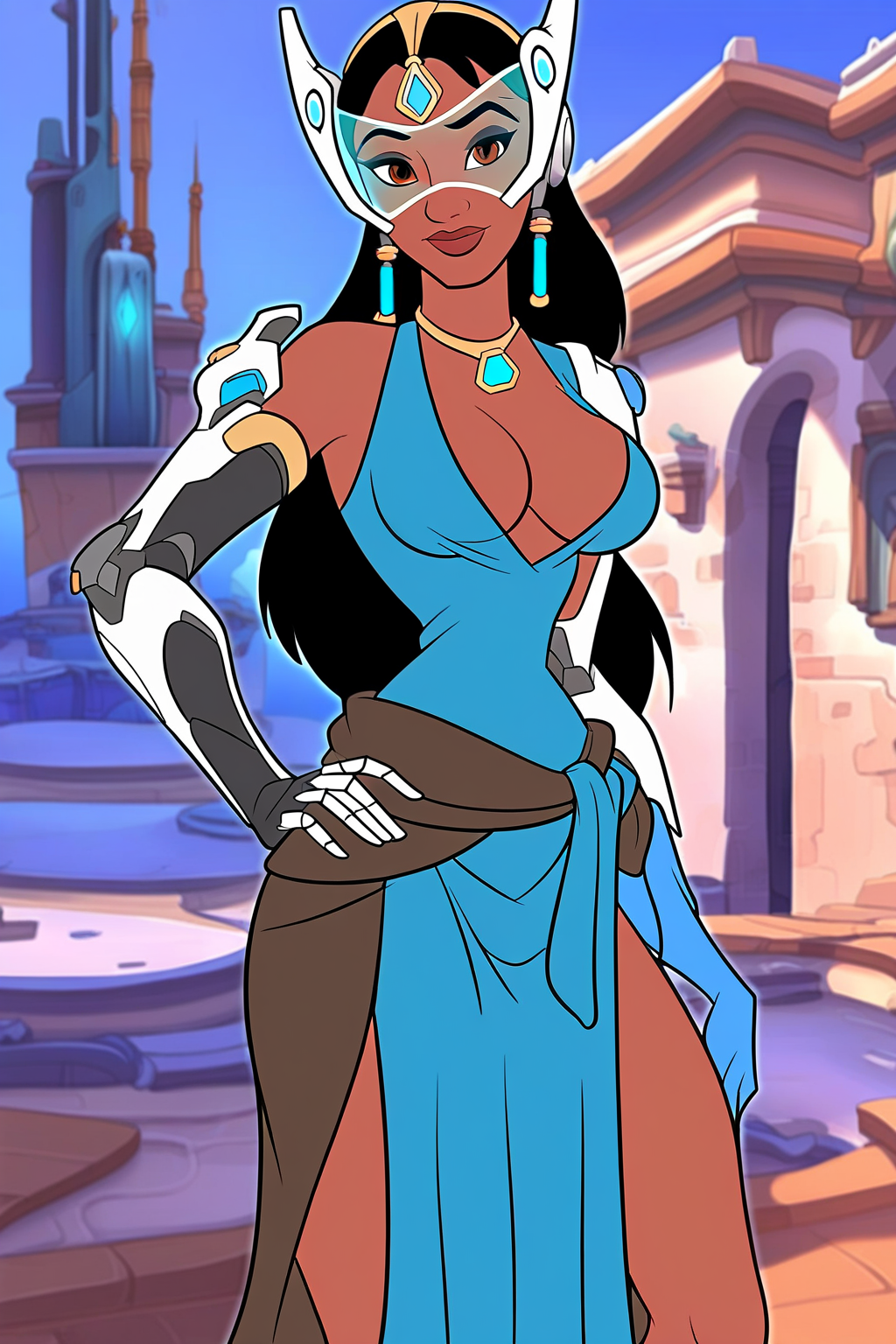 overwatch_1 symmetra_(overwatch) commentary_request 1girl black_hair blue_dress blue_eyes breasts brown_background cropped_legs dark-skinned_female dark_skin dress elbow_gloves forehead_jewel gloves hand_on_own_hip headgear large_breasts long_hair side_slit single_elbow_glove solo very_dark_skin visor
 <lora:WesternCartoonClassicDisney100:1>