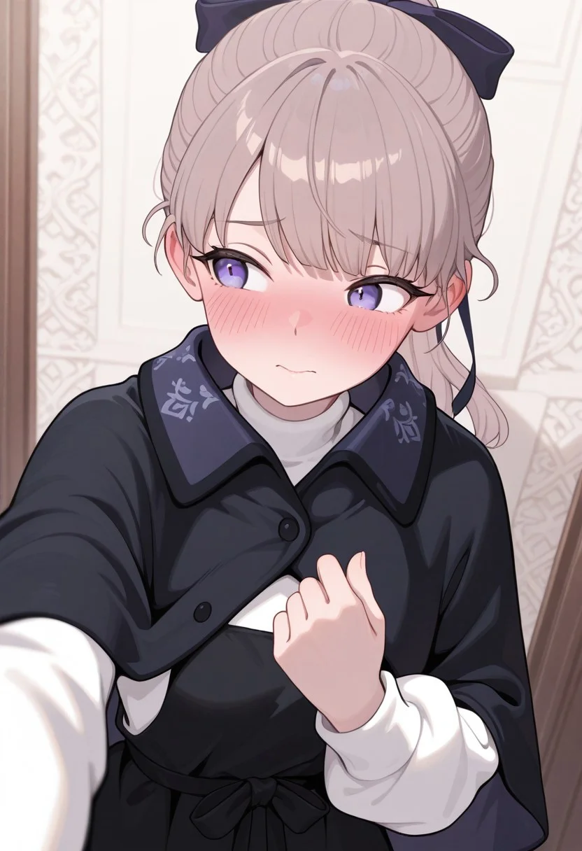 masterpiece, best quality, Lapwing_Gosling, light brown hair, purple eyes, ponytail, bangs, hair bow, black capelet, black dress, white sweater, 1girl, solo, tilled wall background, looking at other side, shy, embarrassed, blush, blushing, POV selfie, point of view, selfie