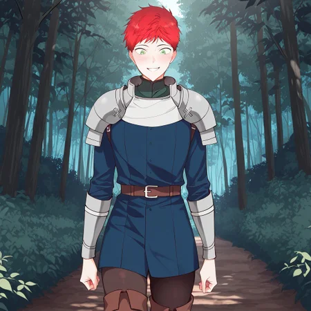 score_9,score_8_up,score_7_up(masterpiece), best quality, expressive eyes, amazing quality, solo, 1girl, red hair, short hair, green eyes, armor, thigh boots, blue shirt, belt,  paulianaw, outside, forest, small breast, smile