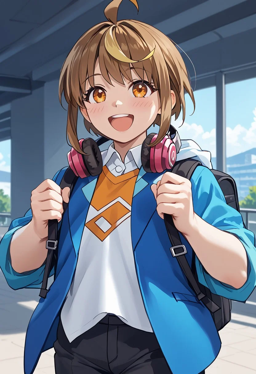 score_4,score_5,score_6,score_7_up,score_8_up,score_9 ((masterpiece,best quality,ultra detailed,highres,HD,4k:1.2)),
1boy,((solo,solo focus)),boy focus,face focus,
brown hair,multicolored hair,yellow streaked hair,bangs,ahoge,sidelocks,headphones around neck,orange eyes, open clothes,blue jacket,shirt,collared shirt, backpack,bag,holding strap,pants, open mouth,happy,blush,smile,