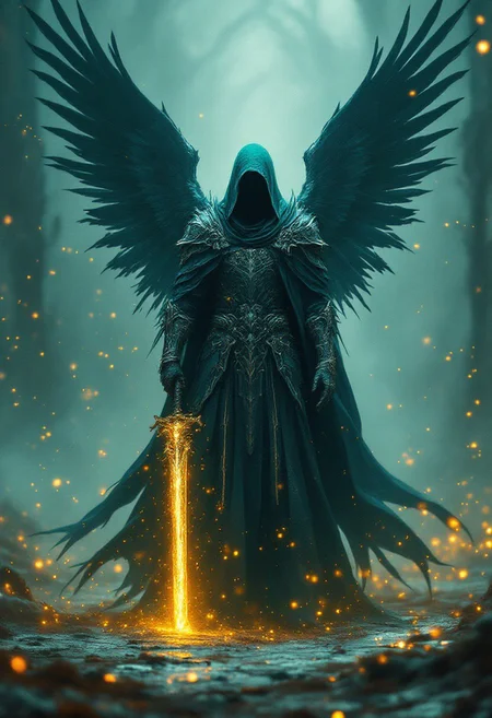 A captivating digital shot of a hooded, winged figure, cloaked in dark, ornate armor, standing solemnly amidst a swirling, ethereal dust of golden light. The mood is melancholic, powerful, and slightly otherworldly. The figure holds a glowing sword, emanating a sense of magic and movement. The deep depth of field and cinematic lighting emphasize the figure and sword, while the dark teal and gold color palette creates a vibrant and striking atmosphere. The rough texture of the ground and dark, atmospheric background further enhance the dark fantasy theme. This masterpiece, inspired by Greg Rutkowski and reminiscent of the Dark Souls art style, is rendered in high resolution with a vivid, dynamic visual impact.