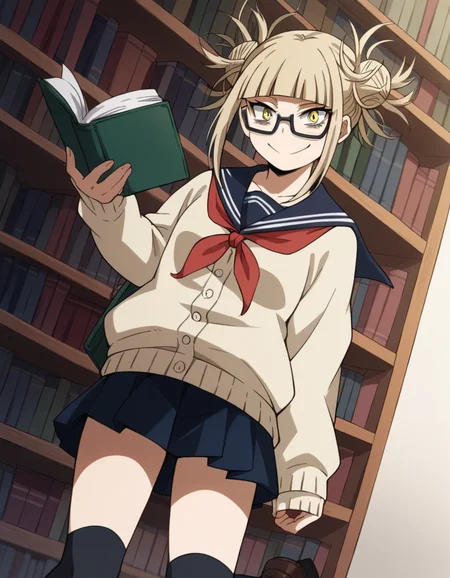 score_9, score_8_up, score_7_up, source_anime, <lora:himiko-toga-s5-ponyxl-lora-nochekaiser:1>, himiko toga, bangs, blonde hair, yellow eyes, blunt bangs, hair bun, double bun, messy hair,, skirt, long sleeves, school uniform, pleated skirt, shoes, serafuku, socks, sailor collar, blue skirt, neckerchief, kneehighs, brown footwear, cardigan, black socks, loafers, red neckerchief, yellow cardigan,, library, reading books, glasses, quiet, focused, shelves of books, smile, looking at viewer, solo,, cowboy shot, dutch angle