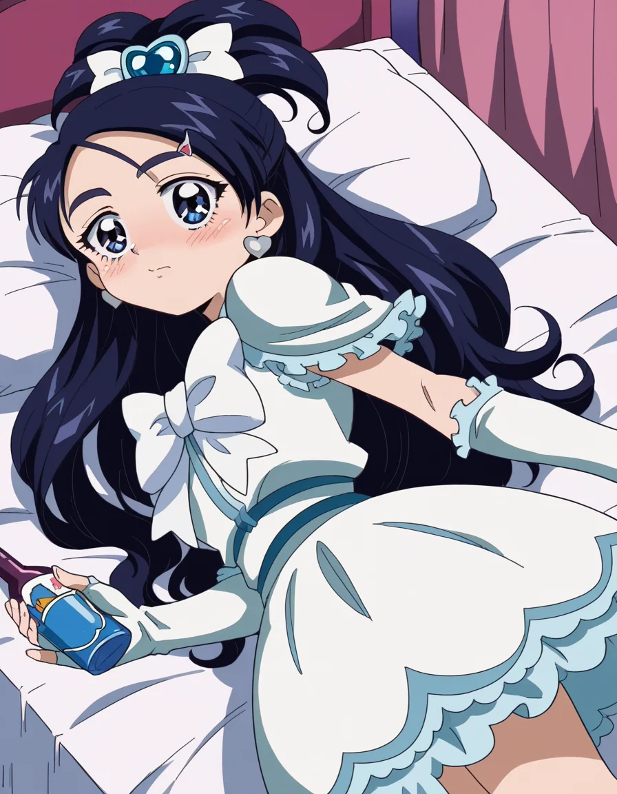 score_9, score_8_up, score_7_up, source_anime, <lora:honoka-yukishiro-anime-ponyxl-lora-nochekaiser:1>, honoka yukishiro, long hair, blue eyes, hair ornament, blue hair, hairclip,, dress, jewelry, earrings, magical girl, half updo, cure white, frills, bowtie, white bowtie, gloves,, indoors, bed, bed room, on side, blush, drunk, looking at viewer, solo,, cowboy shot, dutch angle