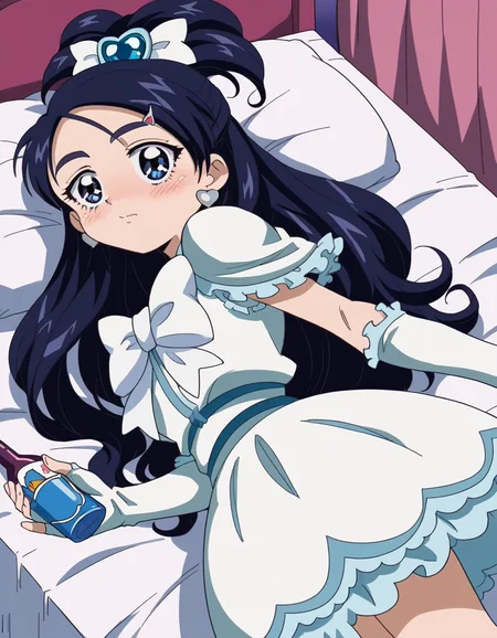 score_9, score_8_up, score_7_up, source_anime, <lora:honoka-yukishiro-anime-ponyxl-lora-nochekaiser:1>, honoka yukishiro, long hair, blue eyes, hair ornament, blue hair, hairclip,, dress, jewelry, earrings, magical girl, half updo, cure white, frills, bowtie, white bowtie, gloves,, indoors, bed, bed room, on side, blush, drunk, looking at viewer, solo,, cowboy shot, dutch angle