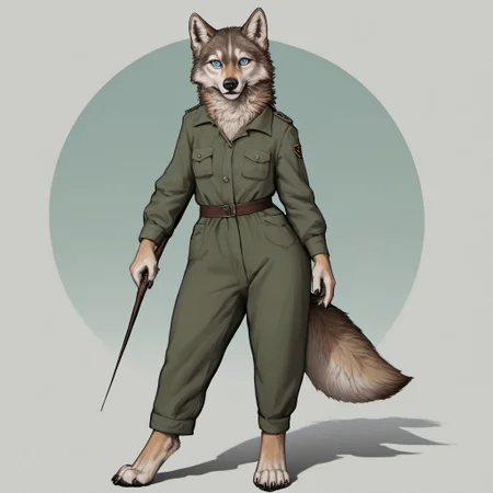 score_9, score_8_up, score_7_up, source_furry, detailed face, detailed eyes, incredible detail BREAK 1girl, solo, anthro, wide shot (furry female, wolf, light brown fur, monotone fur, light blue eyes,slightly wide hips, small breasts), black nose, whiskers, ear flop, solo, looking at viewer, telegramstickerxl, white outline, drop shadow, simple background, green background, full body, hunter outfit, archer outfit