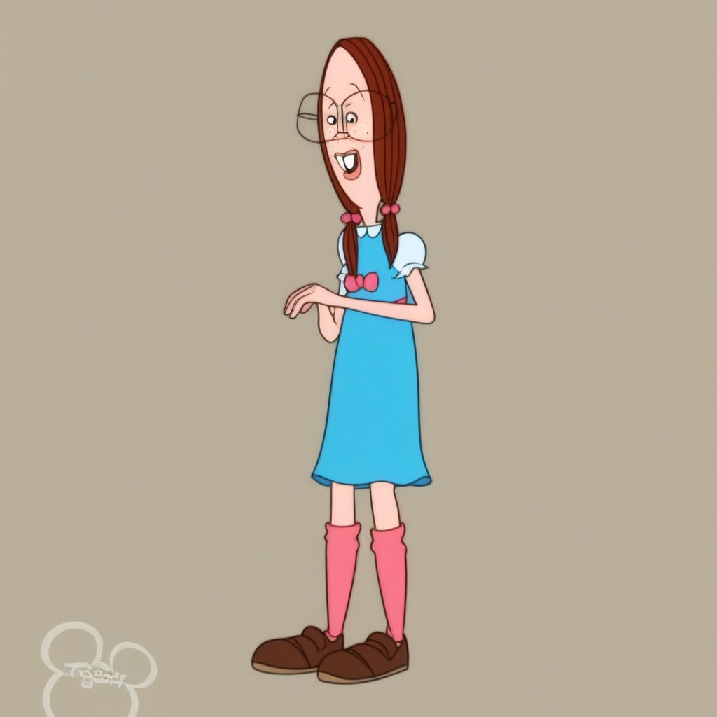 1girl, solo, brown shoes, glasses, hair bobbles, , pink socks, freckles, bow, blue dress, GretechenR