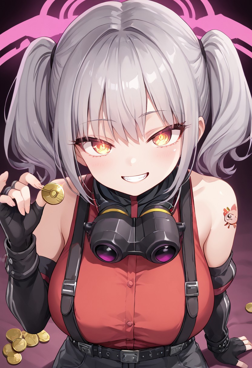 belorta, gray hair, twintails, shorthair, yellow eyes, big breast, seductive eyes, 
Red shirt, suspenders, bare shoulders, black arm sleeves, fingerless gloves, wearing binoculars on neck, black-high-collar, 
hypnosis, mind control,looking at viewer, hand up, holding coin on string, coin on string, upper body, face focus, evil grin, looking at viewer, close up, shoulder tattoos, pink aura, pink energy, pink mist, club background, from above, pov, glowing eyes, solo,