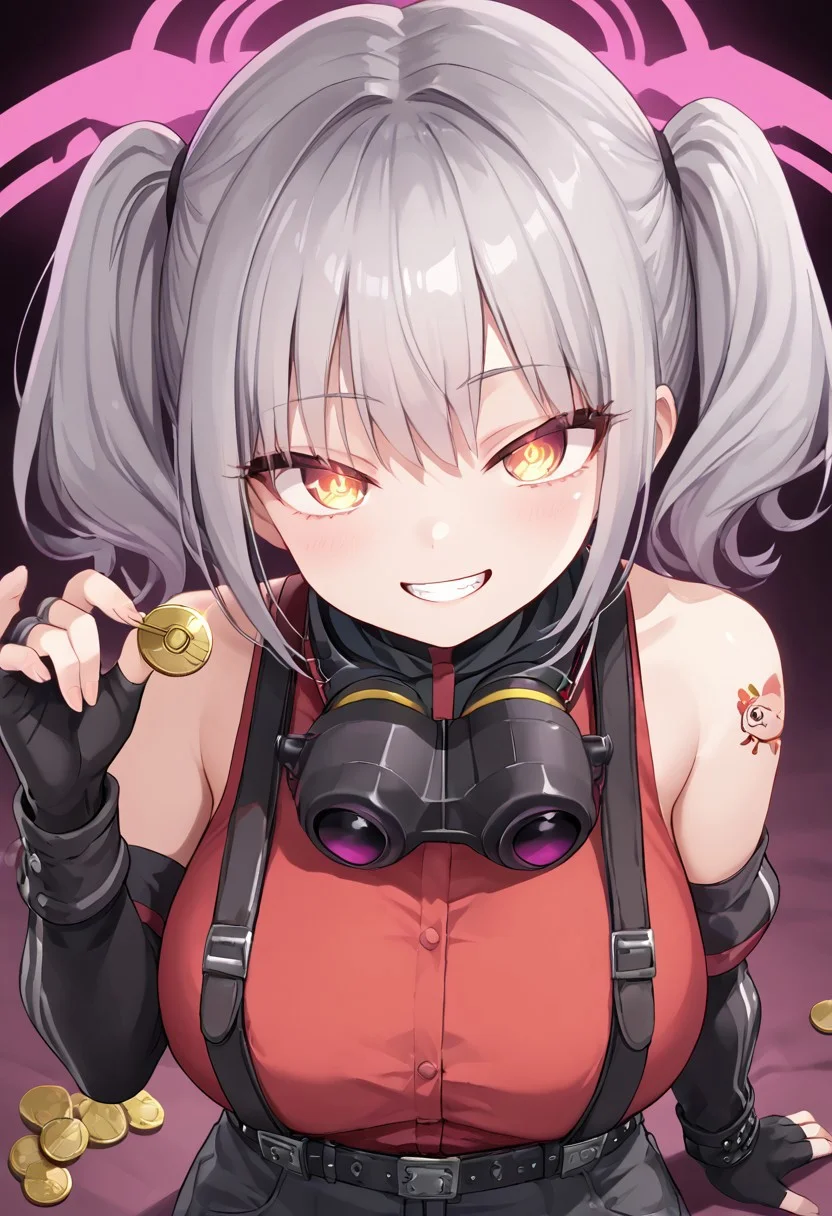 belorta, gray hair, twintails, shorthair, yellow eyes, big breast, seductive eyes,
Red shirt, suspenders, bare shoulders, black arm sleeves, fingerless gloves, wearing binoculars on neck, black-high-collar,
hypnosis, mind control,looking at viewer, hand up, holding coin on string, coin on string, upper body, face focus, evil grin, looking at viewer, close up, shoulder tattoos, pink aura, pink energy, pink mist, club background, from above, pov, glowing eyes, solo,