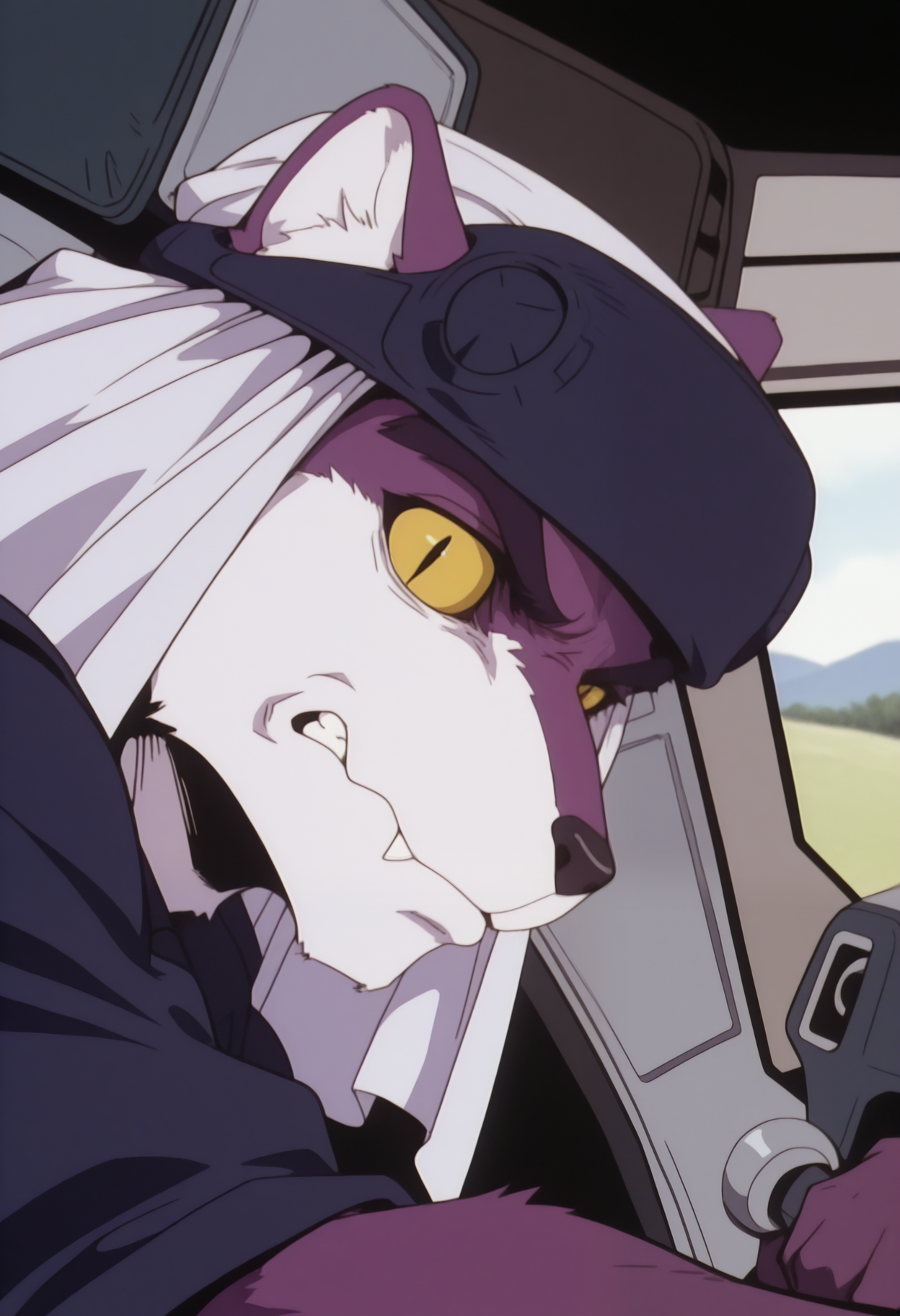 masterpiece,best quality,amazing quality, 1boy, solo, m1r4g3, furry, colored sclera, slit pupils, blue headwear, white headscarf, close up, side angle, looking at viewer, annoyed, cockpit,
