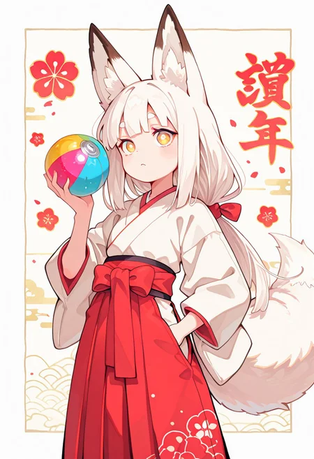 1 girl , solo , fox ear , fox tail , hakama , holding colorful ball , long hair , low tied hair ,
masterpiece, best quality ,amazing quality ,S4bit4mago_illu ,s0wasow4rt_illu ,