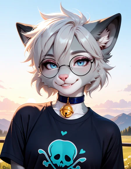 masterpiece, best quality, very aesthetic, absurdres,
outdoors, 
t-shirt, 
upper body, posing, biting own lip, 
seductive smile, parted lips, long eyelashes,
<lora:Nixuelle_v01_NAIXL:1>
Nixue11e,1girl,solo,furry,furry female, cat girl, cat ears, short hair, grey hair, blue eyes, round eyewear, snout, animal nose, collar, neck bell, body fur, two-tone fur, grey fur, white fur,