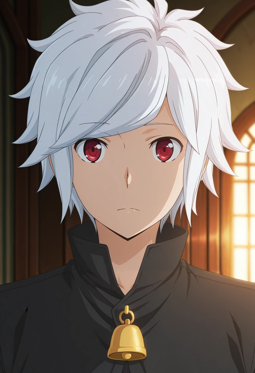 masterpiece, best quality, , anime screencap, , , looking at viewer, 1boy, solo, male focus, <lora:bell_cranel_ilxl:0.98>, bell_cranel, white hair, red eyes, short hair, ,