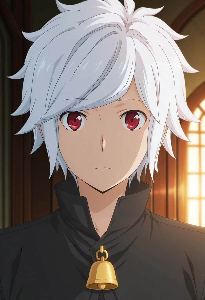 masterpiece, best quality, , anime screencap, , , looking at viewer, 1boy, solo, male focus, <lora:bell_cranel_ilxl:0.98>, bell_cranel, white hair, red eyes, short hair, ,