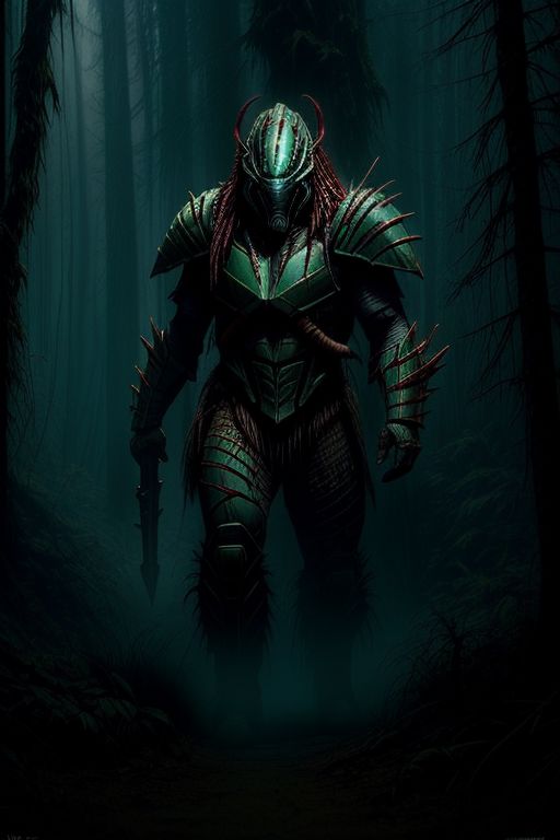 Amazing scene of Predator, fully armored Yautja,  badass helmet with war paint, misty forest setting, dimly lit, epic lighting, predator has advances technological rocket-launch system deployed from his shoulder armor, 
highest quality, focused, clear,