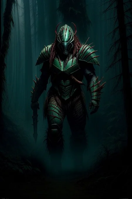 Amazing scene of Predator, fully armored Yautja, badass helmet with war paint, misty forest setting, dimly lit, epic lighting, predator has advances technological rocket-launch system deployed from his shoulder armor,
highest quality, focused, clear,