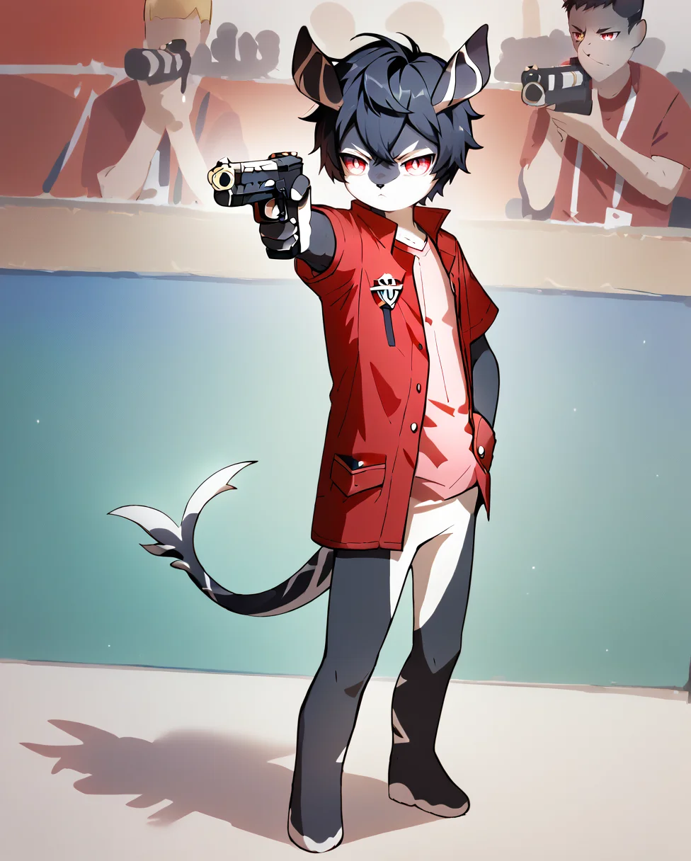 score_9, score_8_up, score_7, 1boy, solo, full body, serious, closed mouth, red eyes, dagon eyes, black hair, short hair, holding weapon, holding gun, handgun, hand in pocket, aiming, <lora:YusufDikecGunPose_pdxl_Incrs_v1:1>, <lora:MelusineV4SDXL:1>, melusine, bottomless, thin tail, straight ears, black skin, full body, white t-shirt, red shirt, open shirt, long shirt