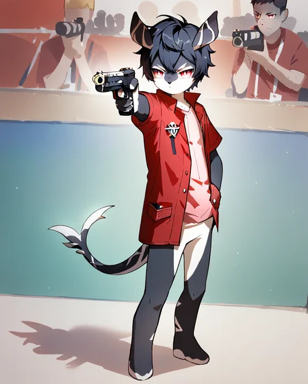 score_9, score_8_up, score_7, 1boy, solo, full body, serious, closed mouth, red eyes, dagon eyes, black hair, short hair, holding weapon, holding gun, handgun, hand in pocket, aiming, <lora:YusufDikecGunPose_pdxl_Incrs_v1:1>, <lora:MelusineV4SDXL:1>, melusine, bottomless, thin tail, straight ears, black skin, full body, white t-shirt, red shirt, open shirt, long shirt