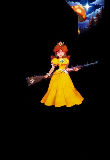 score_9,score_8_up,score_7_up,score_6_up,score_5_up,1girl, score_4_up,source_nintendo,daisy,princess_daisy,brown_hair, mario_(series),red_eyes,glowing eyes,shotgun made of clocks, long hair,slit pupils,(flower bracelets),(dark skin),curvy,frown, smile,clenching fists,tongue,grin,wide hips,thick thighs,thick legs,medium breasts,narrow waist,(tattoos:1.4),flower tattoo, forest,autumn forest,thorny vines,dirt road,wooden hut,gold shroom,yellow mushrooms,glowing mushrooms,night,stars (sparkles:1.4),sky,clouds,long skirt,yellow dress,white ribbon belt,holding umbrella,holding basket,(puffy shoulders),puffy red lips,(short sleeves),lacy skirt,very long skirt,gold earrings, hand sign,moonlight,shiny skin,dynamic pose,crystal yellow orbs,levitating yellow orbs,big mushrooms,(motion lines:1.4),(thick outlines:1.4),(trembling lines:1.4),sweat,destroyed stone bricks,jewelry,steam,steamy breath,wine bottle,salami,cheese, spoken food,(gun case),bullet belt,weapons,gold crown,tiara, masterpiece,best_quality,newest,absurdres,best shadow,light particles,highly detailed background,amazing quality,highly detailed_skin,very_detailed_clothes,power_lines,speed lines, emphasis_lines,very_aesthetic,dynamic_angle,high quality,4k, best shadows,<lora:add-detail-xl:2>,scrimshaw,made out of, ebony,ivory,bone carving