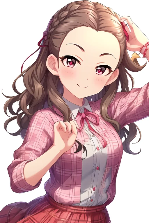 Seki Hiromi, blush, braid, breasts, brown hair, buttons, checkered clothes, checkered shirt, eyebrows, forehead, grey shirt, hair ribbon, hand up, highres, looking at viewer, medium breasts, medium hair, mugenhouyou, pink ribbon, playing with own hair, red eyes, ribbon, shirt, short sleeves, smile, solo, unbuttoned, unbuttoned shirt, upper body, wavy hair, white background
<lora:deresute-v1.1:1>