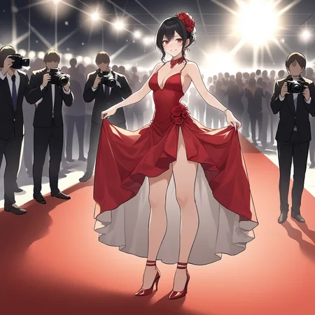 score_9, score_8_up, score_7_up, score_6_up, score_5_up, score_4_up, zPDXL2,source_anime,rating_questionable <lora:Red_Carpet:0.4> r3dcarp3t, crowd, red carpet, camera flash, looking at viewer, smile, high heels, fancy dress, 1girl