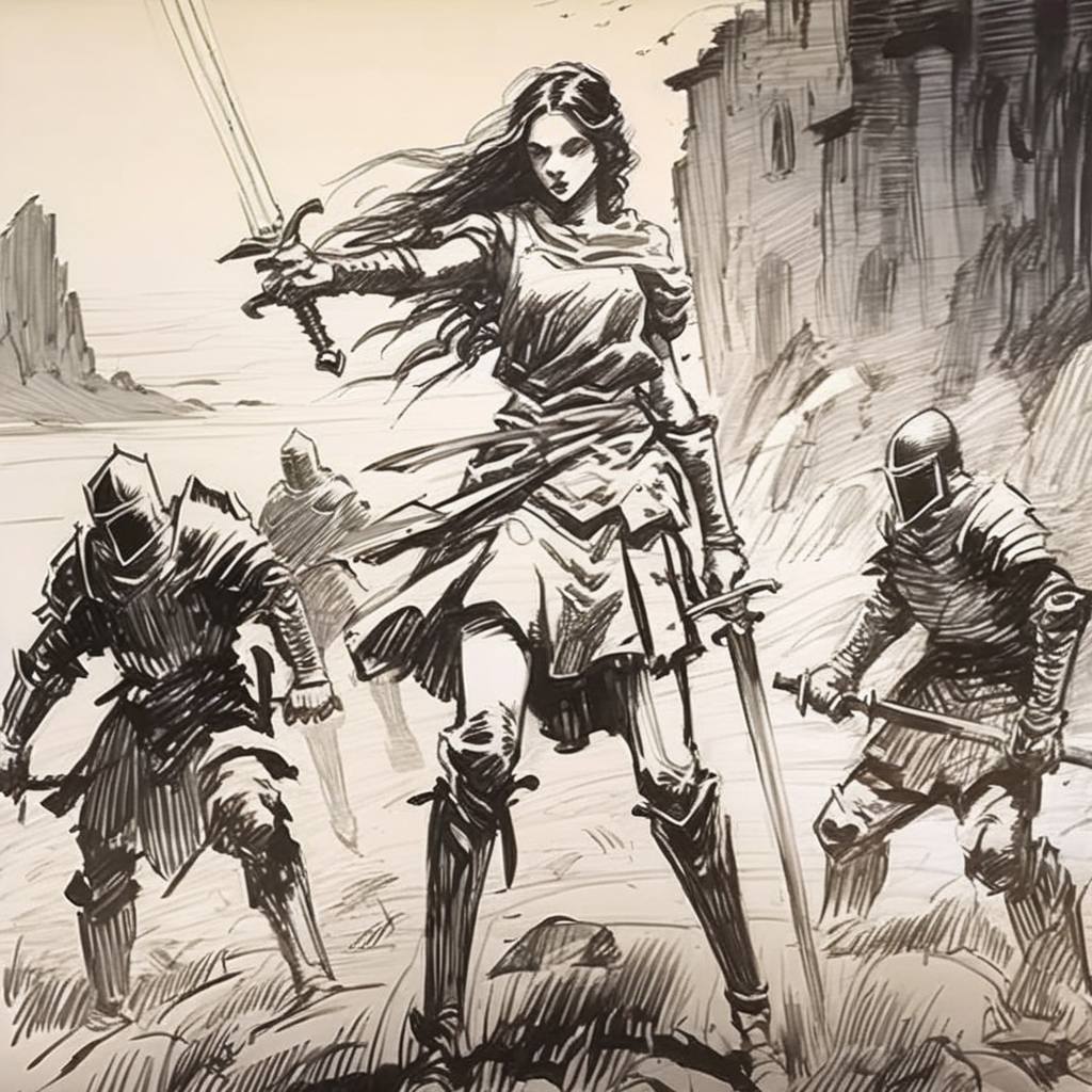 drawix6 young warrior girl with a sword on the battlefield with fighting knights in the background, black ink <lora:drawix6:1>