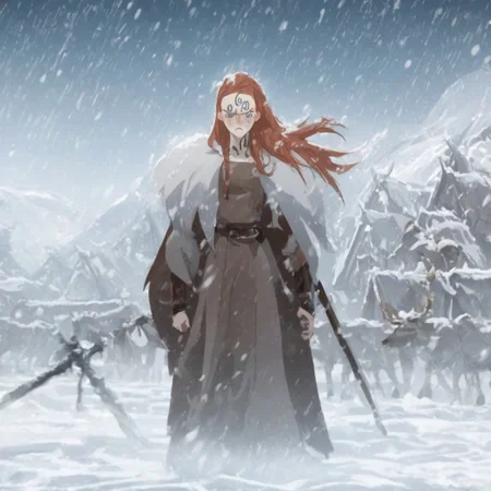 score_9, score_8_up, score_7_up, source_anime, expressive, anime, (S1GR1DTotG5:1.2), Artist speedlines, dynamic, 1girl, white skin, blush_stickers and freckles, long hair, red hair, red_lips, aqua_eyes, face_tattoo, viking, dress, bracer, belt, fur_trim, fur-trimmed_cloak, holding_weapon, angry, standing, shy, blush, sensual, looking at viewer, source_hentai, outdoors, snow, snowing