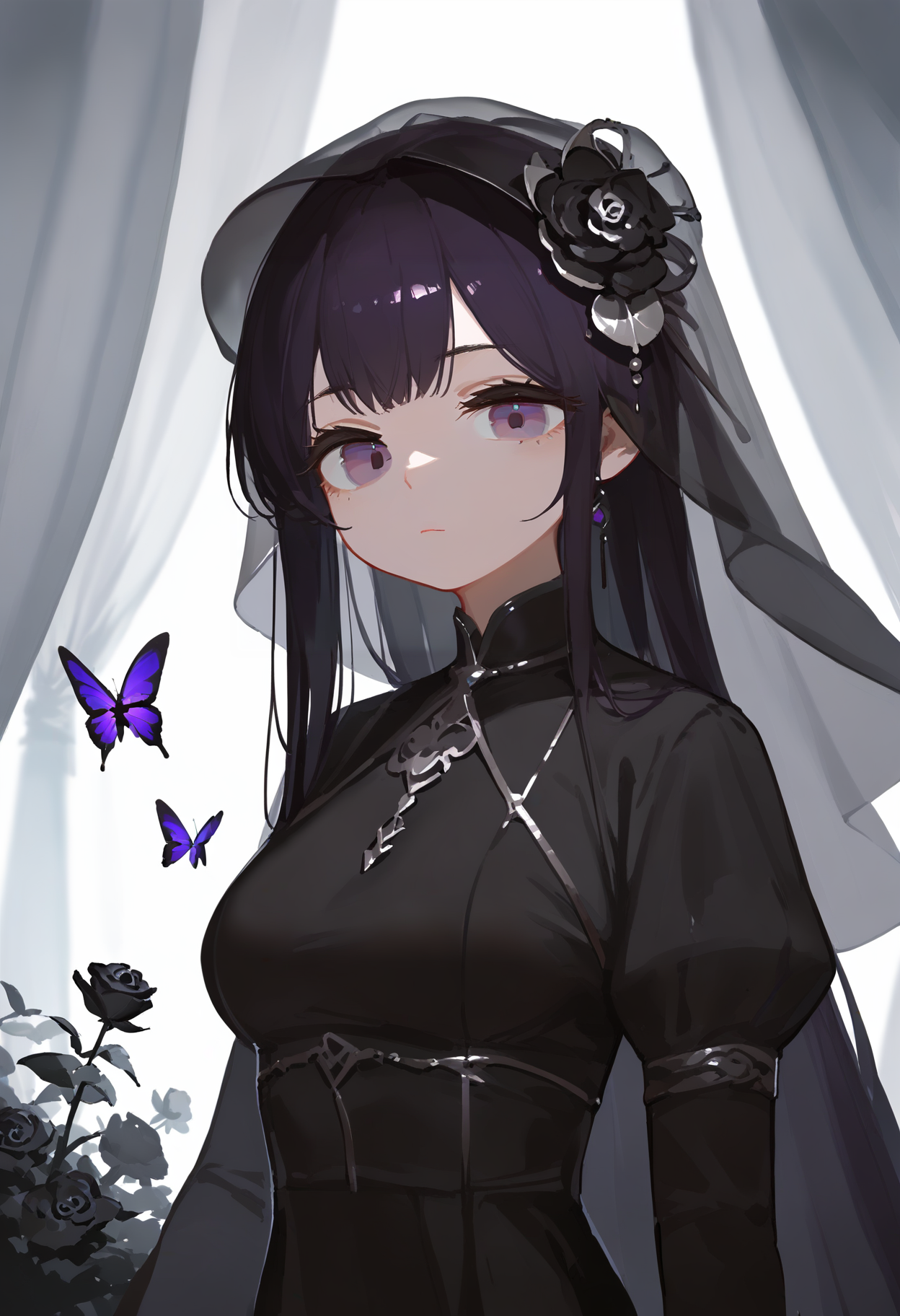 score_9, score_8_up, score_7_up, score_6_up, <lora:Antifreeze3XL_TPN6_lokr_V53P1:0.95>  1girl, butterfly, bug, solo, veil, black flower, black rose, purple eyes, black hair, long hair, looking at viewer, upper body, flower, dress, black dress, purple butterfly, rose, closed mouth, hair ornament, hair flower, long sleeves, expressionless, white background, breasts, curtains