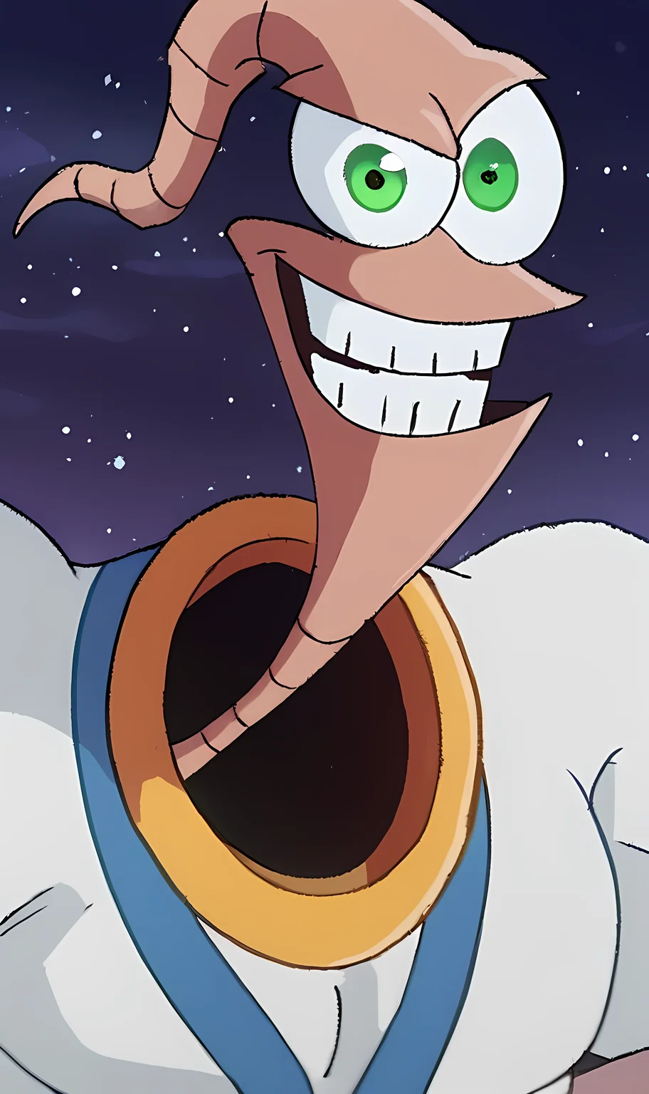 ededdneddy, score_8_up, score_7_up, source_manga, rating_safe, <lora:ededdneddyXLP:0.2>, E4rthW0rmJ1m, EWJ, Cartoon Earthworm, big eyes, one green eye, no nose, cheeky grin, space suit, muscular, desert background, close up <lora:Earthworm_Jim_-_Cartoon_1995_-_Pony:0.9>
