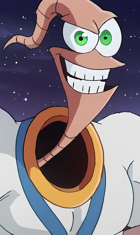 ededdneddy, score_8_up, score_7_up, source_manga, rating_safe, <lora:ededdneddyXLP:0.2>, E4rthW0rmJ1m, EWJ, Cartoon Earthworm, big eyes, one green eye, no nose, cheeky grin, space suit, muscular, desert background, close up <lora:Earthworm_Jim_-_Cartoon_1995_-_Pony:0.9>