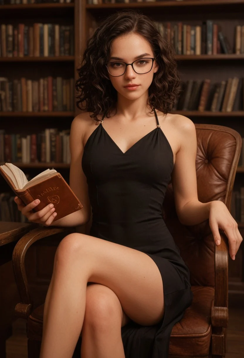 score_9_up, score_8_up, score_7_up, score_6_up, 1girl, 25 years old, perfect face, (adult), sexy,
brown eyes,
black hair, medium hair, curly hair, wavy hair, sidelocks,
glasses,
black dress, sleeveless dress, cocktail dress,
holding book,
sitting, crossed legs, chair, legs,
library,