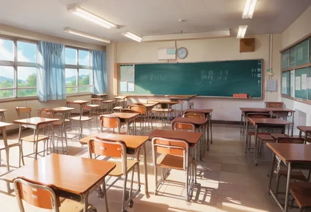 score_9, score_8_up, score_7_up, rating_safe, masterpiece, best quality, absurdres, unity 8k wallpaper, official art, official style, source_anime, uncensored, game cg, megami magazine,
kyoshitsu, classroom, scenery, chalkboard, window, school, indoors, clock, sunlight, school desk, bulletin board, shade, curtains, school chair, ceiling light, shadow, artist name, book, chinese text, ceiling, day, paper, from behind
<lora:gakkou_kyoshitsu_PONY_V1:1>