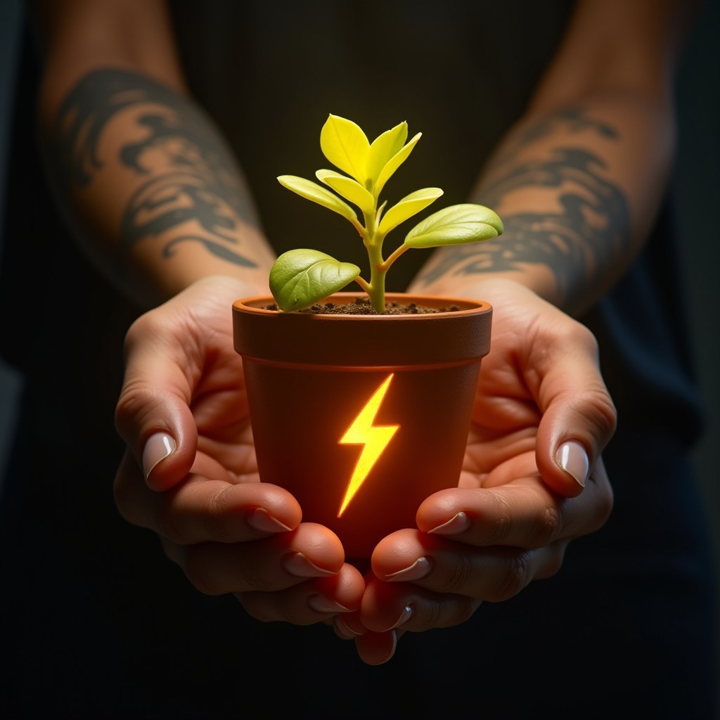 POV photo of two detailed hands, holding a clay pot and a small plant. The plant glows a yellow hue and it's leaves are bright yellow. The pot has a lightning bolt printed on it.