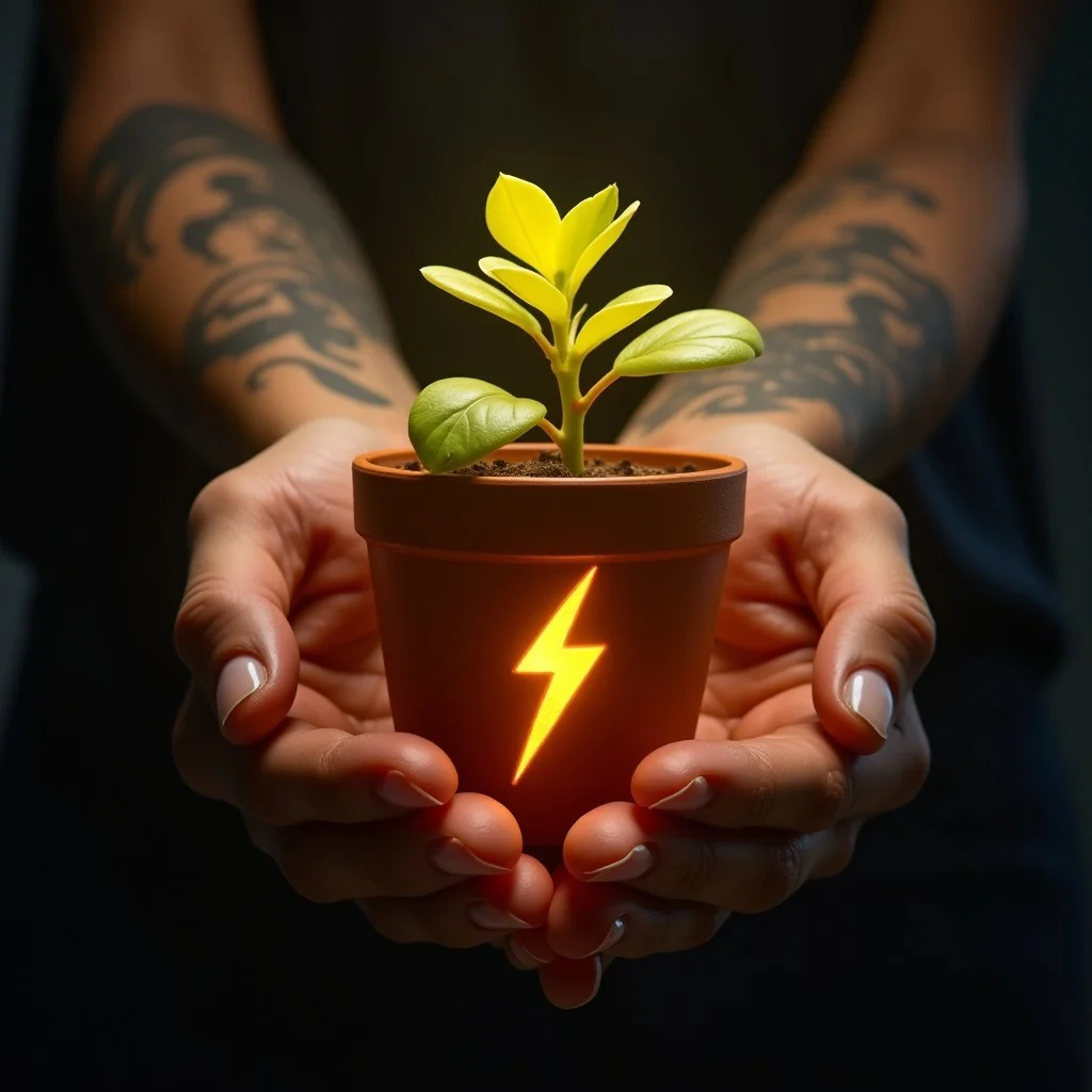POV photo of two detailed hands, holding a clay pot and a small plant. The plant glows a yellow hue and it's leaves are bright yellow. The pot has a lightning bolt printed on it.