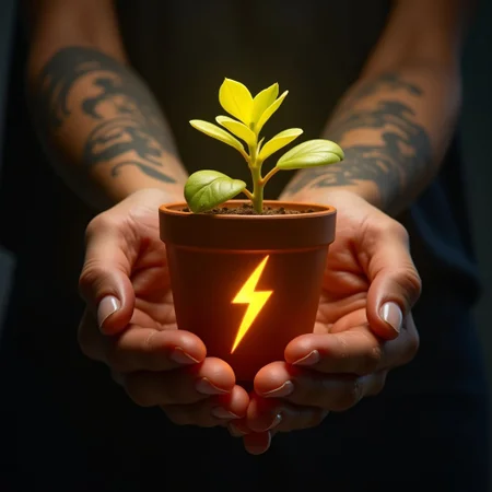 POV photo of two detailed hands, holding a clay pot and a small plant. The plant glows a yellow hue and it's leaves are bright yellow. The pot has a lightning bolt printed on it.