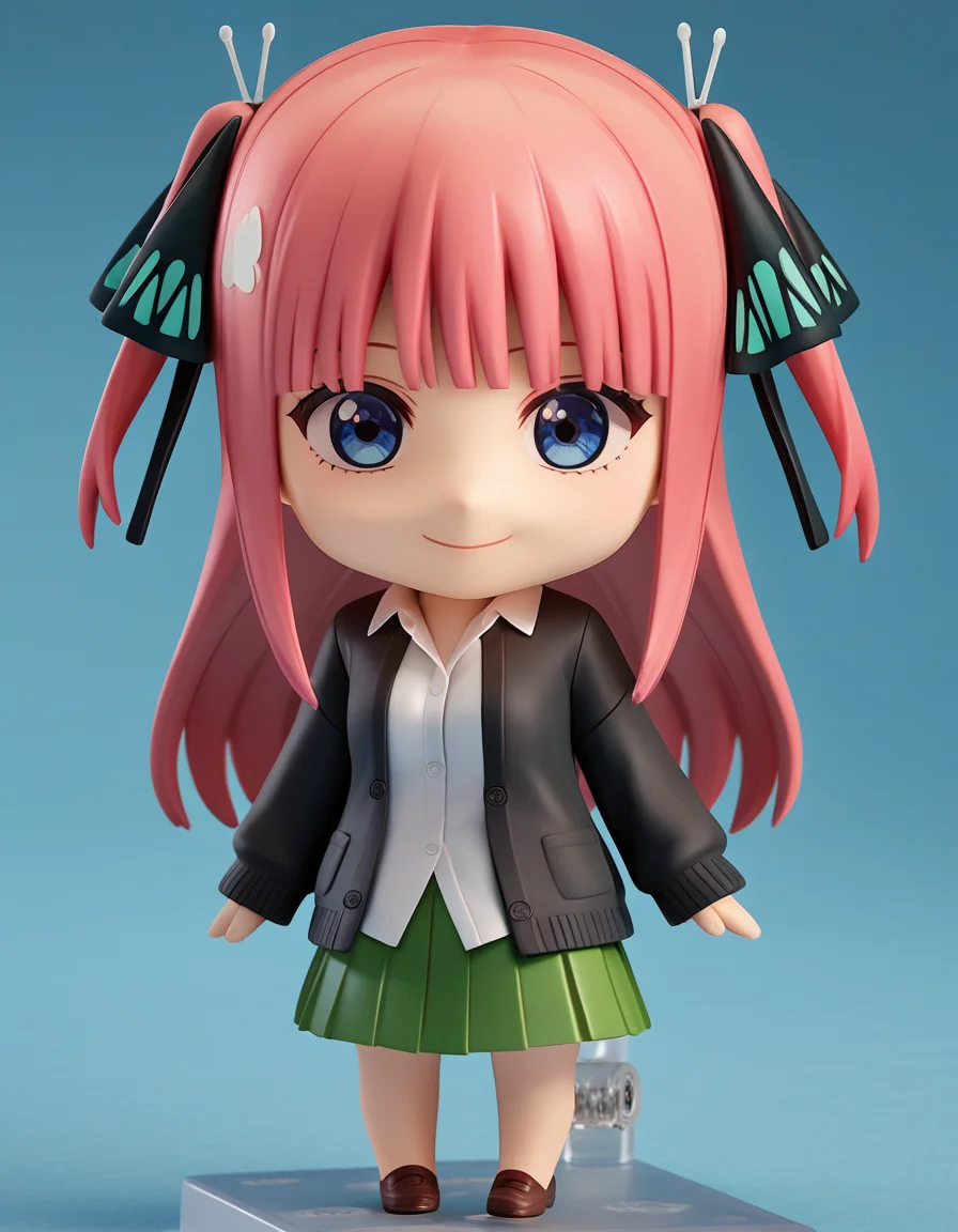 score_9, score_8_up, score_7_up, source_anime,
ninonakano, <lora:nino-nakano-s2-ponyxl-lora-nochekaiser:0.5>,
nino nakano, long hair, bangs, blue eyes, hair ornament, hair ribbon, pink hair, blunt bangs, two side up, butterfly hair ornament, mature female,
skirt, shirt, long sleeves, white shirt, pleated skirt, open clothes, collared shirt, sleeves past wrists, dress shirt, cardigan, green skirt, open cardigan, black cardigan,
<lora:nendoroid-figurines-ponyxl-lora-nochekaiser:1>, nendoroid, 1girl, solo, chibi, 3d, smile, v, v over eye,