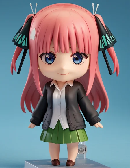 score_9, score_8_up, score_7_up, source_anime,
ninonakano, <lora:nino-nakano-s2-ponyxl-lora-nochekaiser:0.5>,
nino nakano, long hair, bangs, blue eyes, hair ornament, hair ribbon, pink hair, blunt bangs, two side up, butterfly hair ornament, mature female,
skirt, shirt, long sleeves, white shirt, pleated skirt, open clothes, collared shirt, sleeves past wrists, dress shirt, cardigan, green skirt, open cardigan, black cardigan,
<lora:nendoroid-figurines-ponyxl-lora-nochekaiser:1>, nendoroid, 1girl, solo, chibi, 3d, smile, v, v over eye,