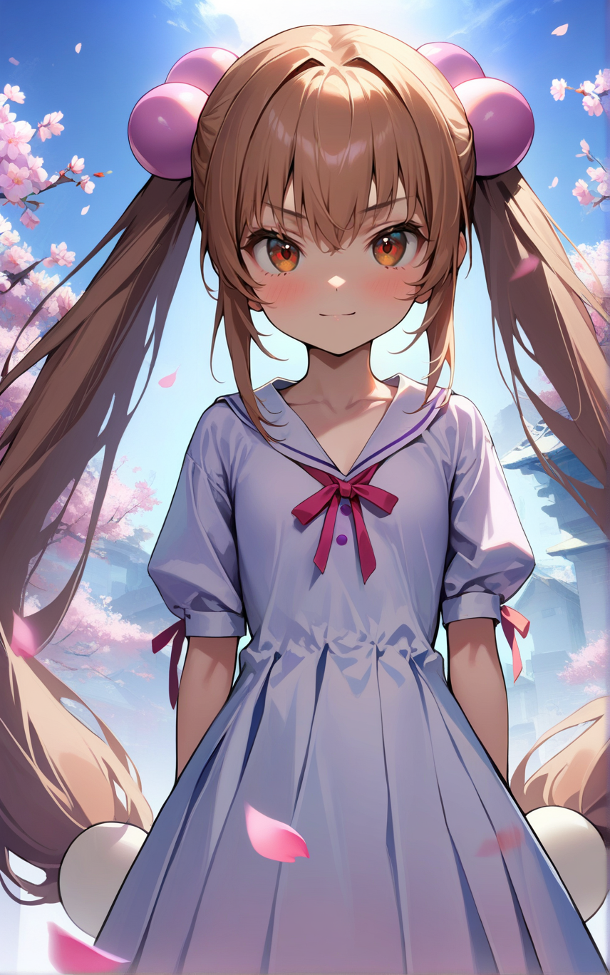1girl, kokonoerin, brown eyes, dress, serious, brown eyes, cowboy shot, cherry blossoms, falling petals, pink petals, blue sky, looking up, dynamic lighting, 
looking at viewer, light smile, 
front view, straight-on, upper body, 
BREK masterpiece, best quality, very aesthetic, by as109, 
<lora:KokonoeRin_XL:1>